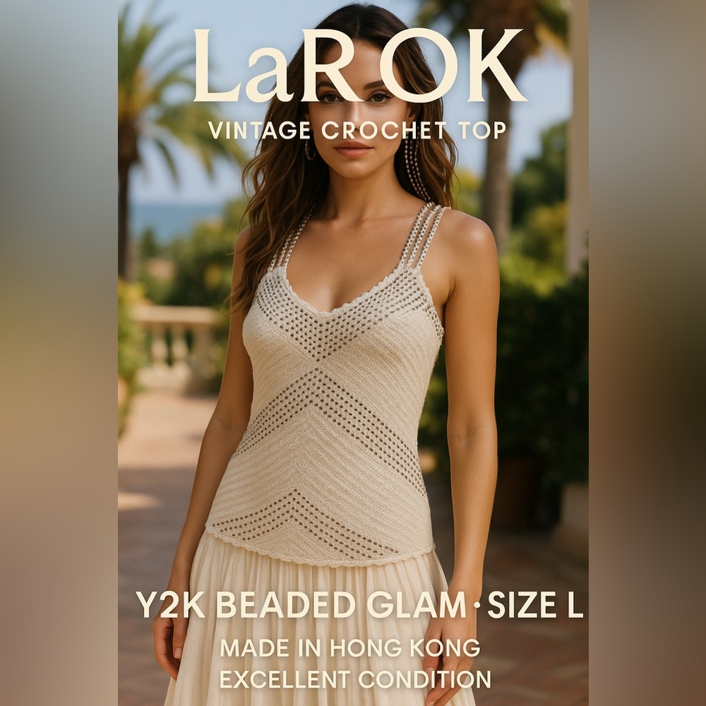 Vintage LaROK Beaded Crochet Tank Top Boho Y2K Glam – Size L – White
